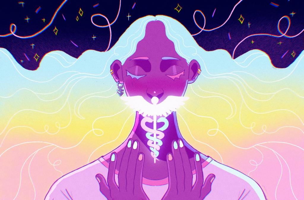 An illustration of a person who holds a caduceus symbol between their fingers. Their hair radiates a rainbow of color.
