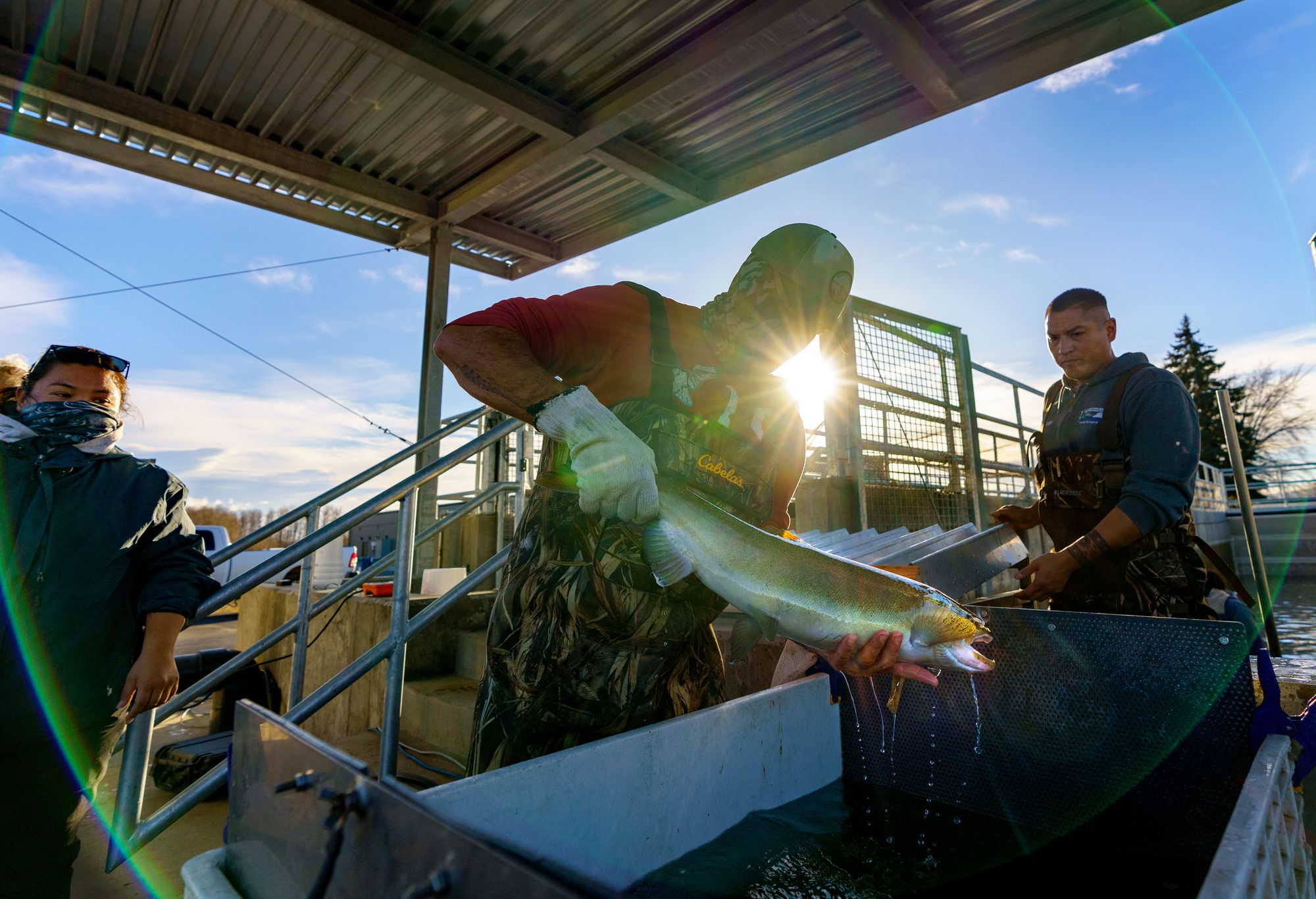 A man pulls a dripping fish out of a metal box.