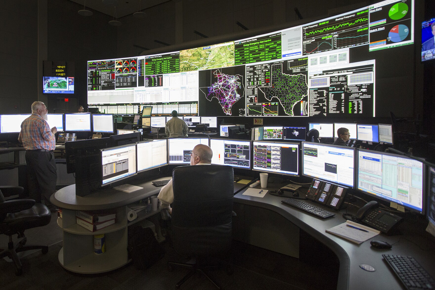 Texas grid operators sitting by many computer monitors.