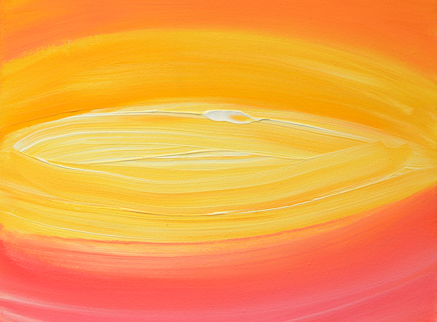 An abstract painting. Lines of orange curve to the top of the frame, while lines of coral pink curve to the bottom the frame, forming an almond shape at the center.