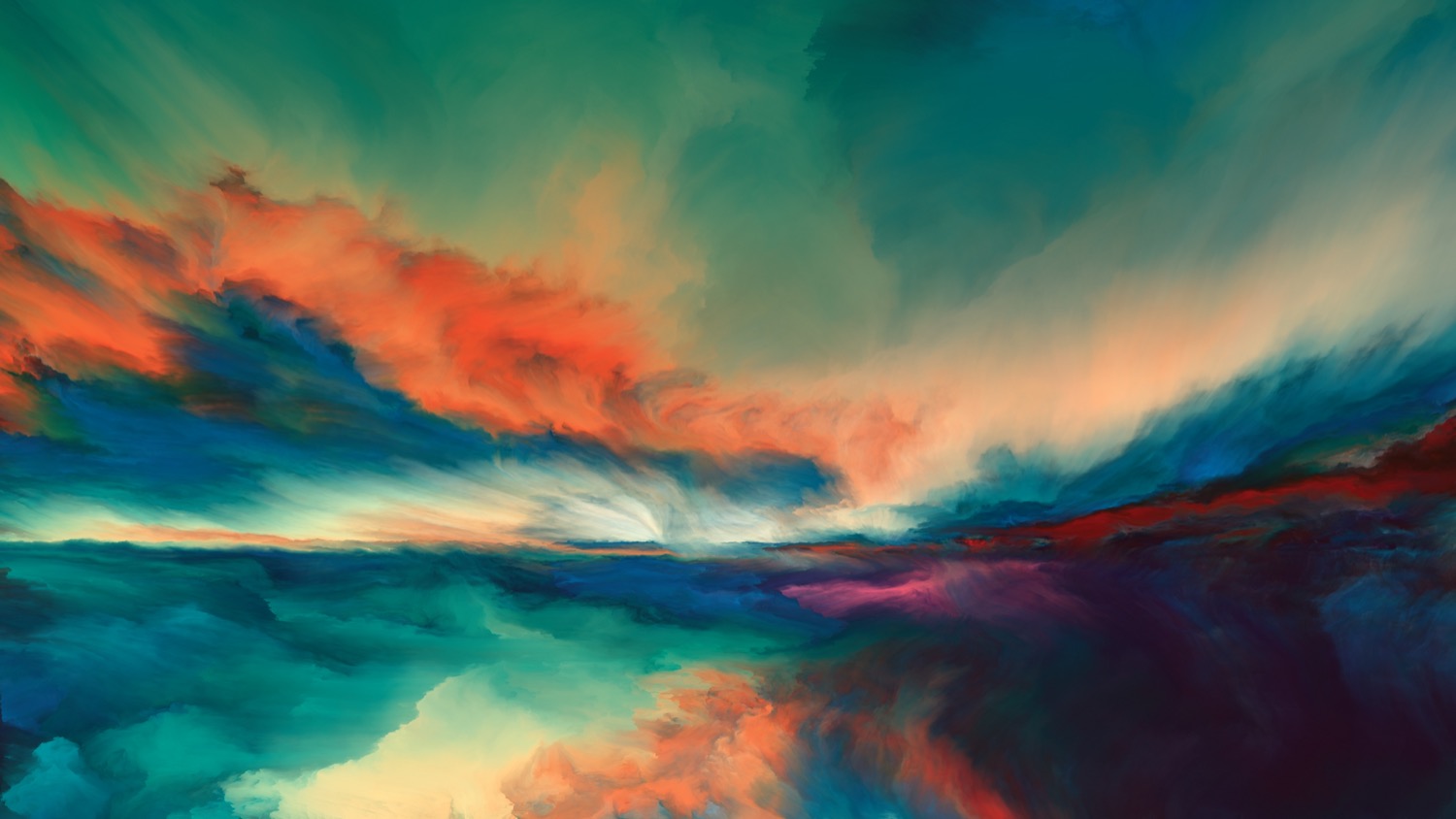 an abstract watercolor painting of a sun setting over a lake. clouds glow orange in front of a muted turqoise glow in the sky