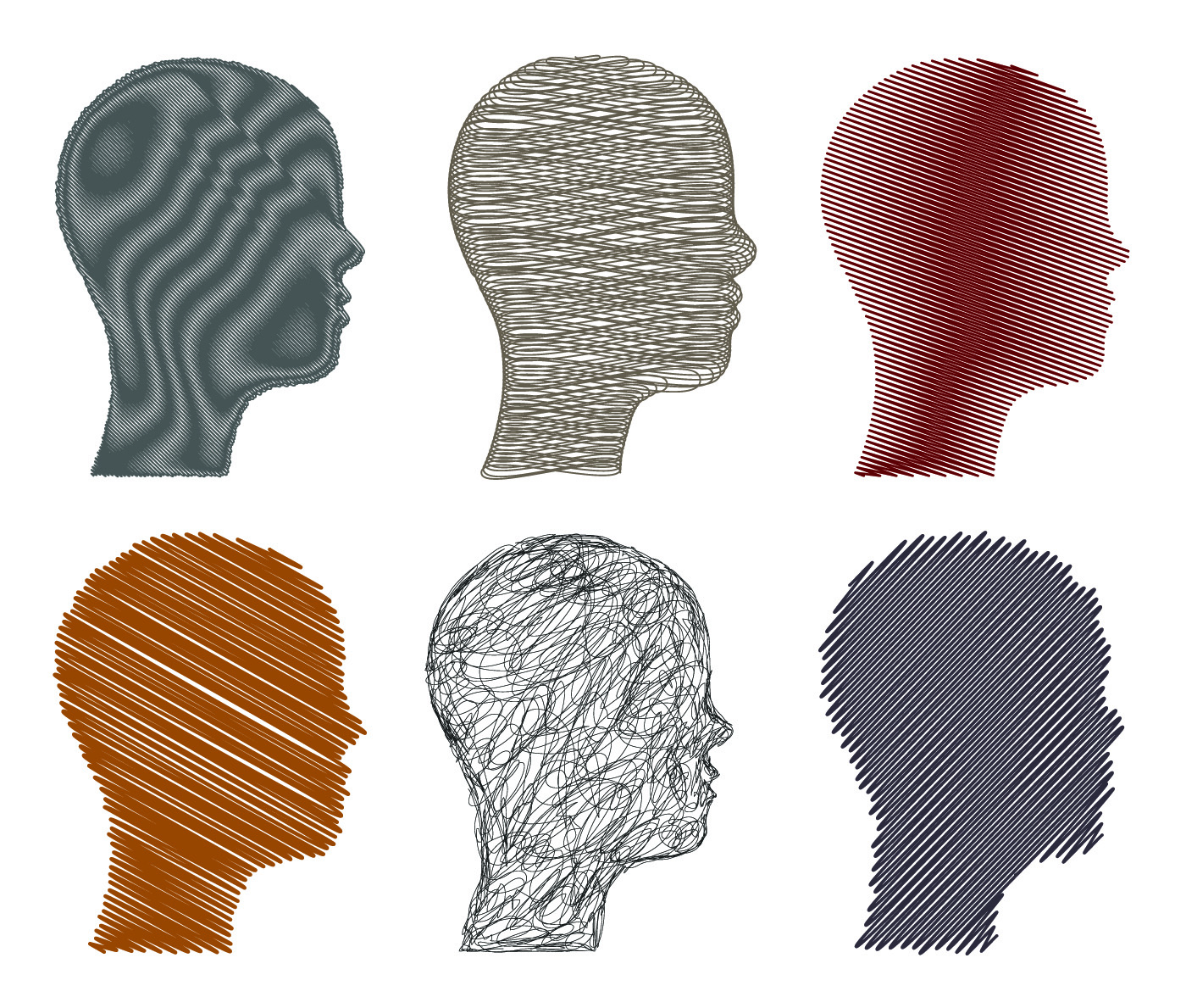 6 heads, 2 rows of 3, filled with different colored scribbly lines and patterns.