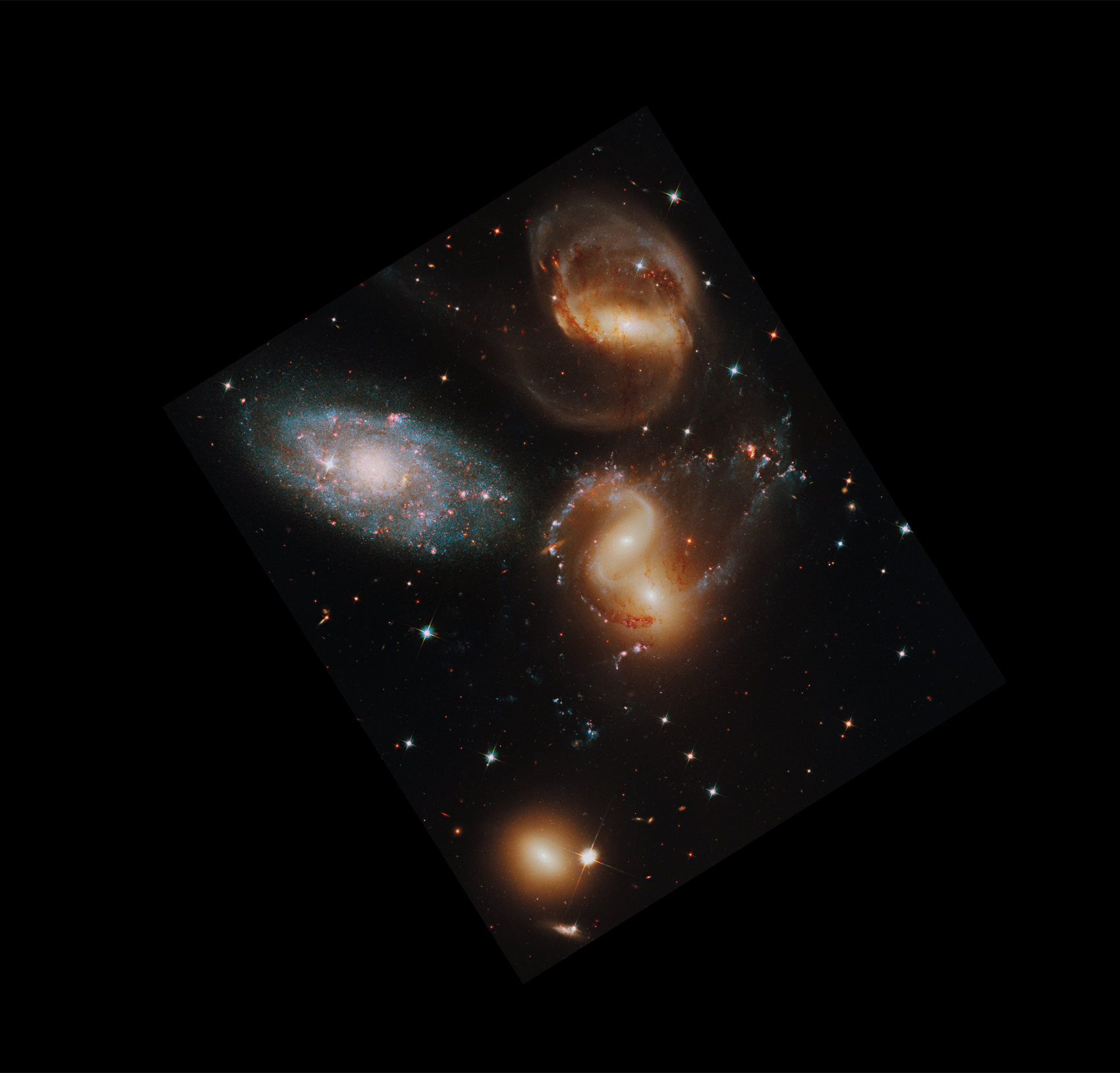 Stephan's Quintet, captured here by Hubble, is a group of five galaxies. However, the galaxy at the upper left is much closer to Earth than the rest of the group. Three of the galaxies have distorted shapes, elongated spiral arms, and long, gaseous tidal tails containing myriad star clusters. NGC 7319, at top right, is a barred spiral with distinct spiral arms. The next galaxy clockwise appears to have two cores, but it is actually two galaxies, NGC 7318A and NGC 7318B. Encircling the galaxies are young, bright blue star clusters and pinkish clouds of glowing hydrogen where infant stars are being born. NGC 7317, at bottom left, is a normal-looking elliptical galaxy. Sharply contrasting with these galaxies is the dwarf galaxy NGC 7320 at upper left. Bursts of star formation occur in the galaxy's disk. These farther members are markedly redder than the foreground galaxy, suggesting that older stars reside in their cores.