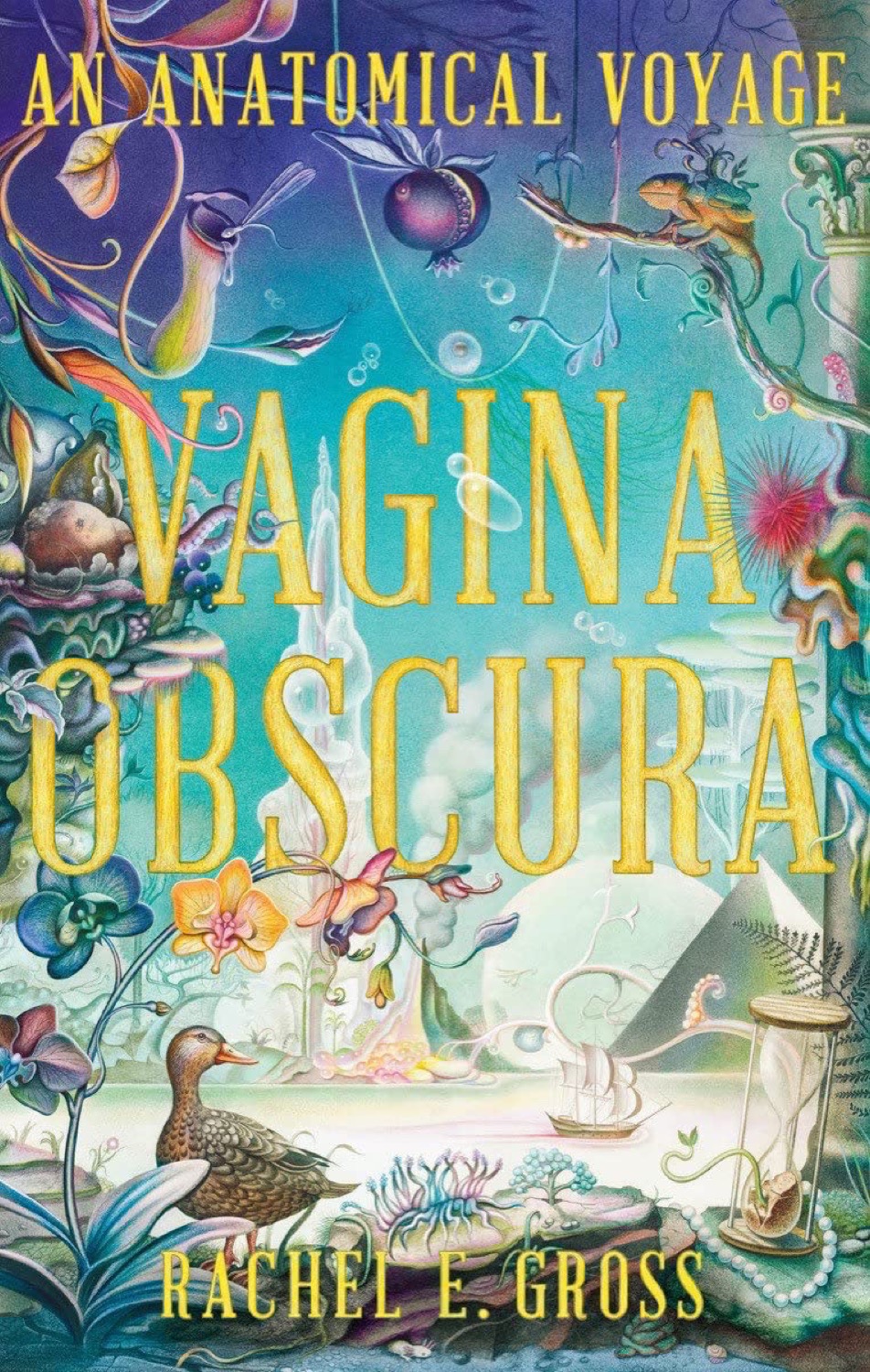 a painted book cover with myriad of vagina-shaped plants, along with a duck, flowers, sand timer, with words 'Vagina Obscura: An Anatomical Voyage by rachel gross'