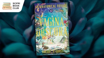 The cover of the book "Vagina Obscura: An Anatomical Voyage" by Rachel E. Gross over a dark, zoomed-in photo of a succulent. The SciFri Book Club logo is in the upper left hand corner