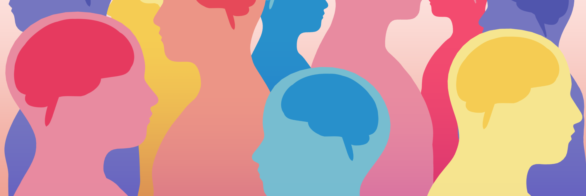 an illustration of ten simple silhouettes of people looking either left or right. each are a different solid color and each have an outline of a brain in their heads, each a darker color of their respective bodies