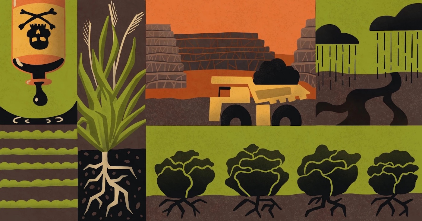 An illustration of cabbage growing out of soil that's been tainted by a poison bottle. Pollutants (construction vehicles, smoke, rain) threaten to enter the soil. 