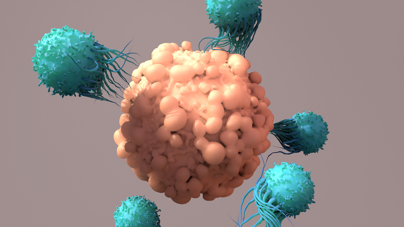 An artist's depiction of small, teal T-cells use tentacle-like protrusions to fight a cancer cell.