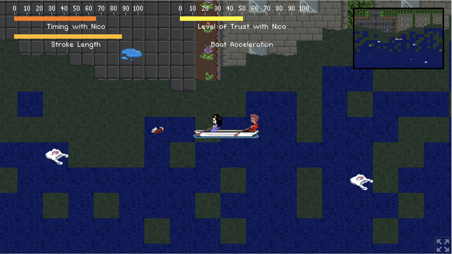 pixel art depicting a rowboat with two characters on it, navigating a river with landblocks and plastic bags inside.
