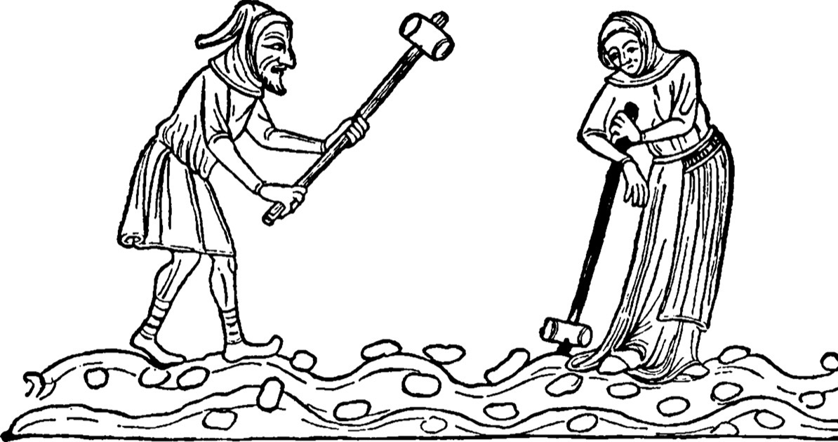 a simple medieval-style illustration. Two medieval peasants, a man and woman, break clods of earth apart with mallets. The man is swinging his mallet, while the woman appears to be resting on hers, vintage line drawing or engraving.