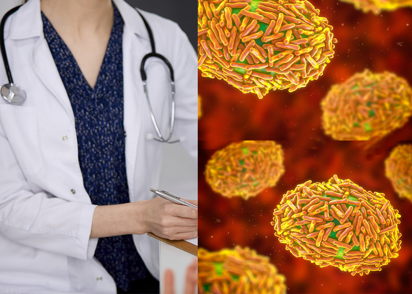 a split screen of a doctor writing something down on a clipboard, and an illustration of the monkeypox virus