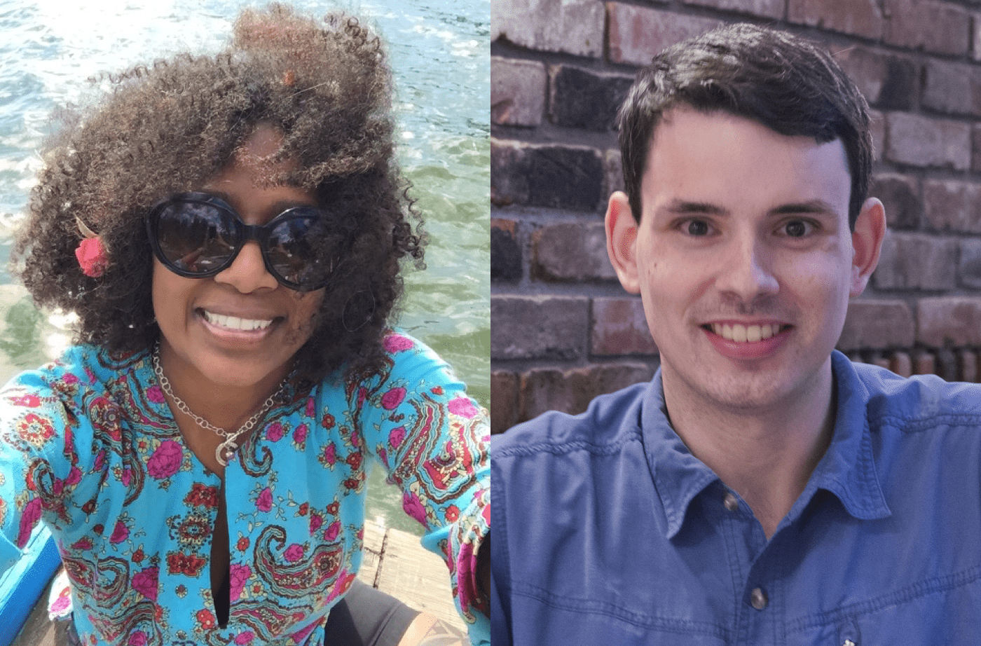 two images of two people. on the left, TC Weisman, a black woman wearing a floral blue and purple dress, who has a small flower on her hair, smiles at the camera wearing sunglasses. she appears to be sitting on a dock with water behind her. on the right, a headshot of Patrick, a white man smiling wearing a light blue shirt, in front of a brick wall.