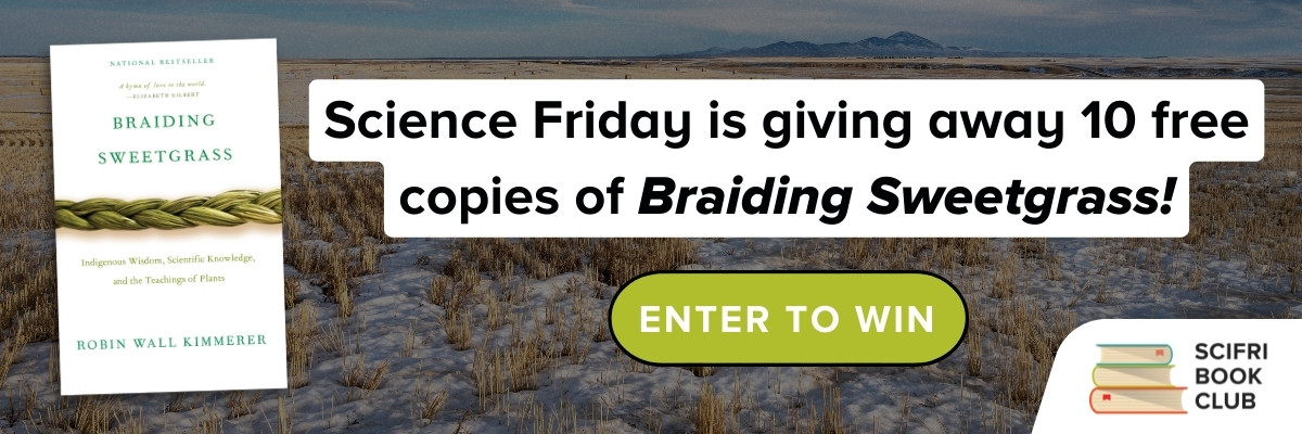 The cover of the book "Braiding Sweetgrass" by Robin Wall Kimmerer over a photo of a field with scant wheat and snow on the ground, with mountains in the far distance. In the middle are the words, "Science Friday is giving away 10 free copies of Braiding Sweetgrass!" and a rounded button that reads "Enter To Win". The SciFri Book Club logo is in the bottom right hand corner.