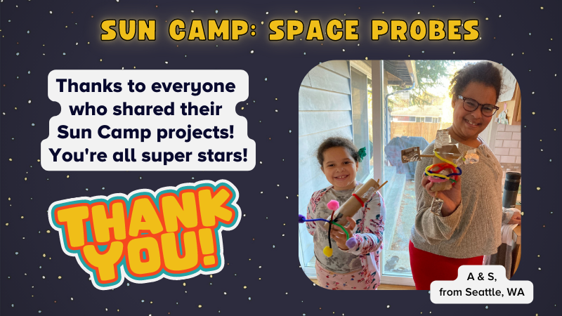 A starry background with a picture of two girls holding space probes made of craft materials. A digital sticker reads "Thank You!"