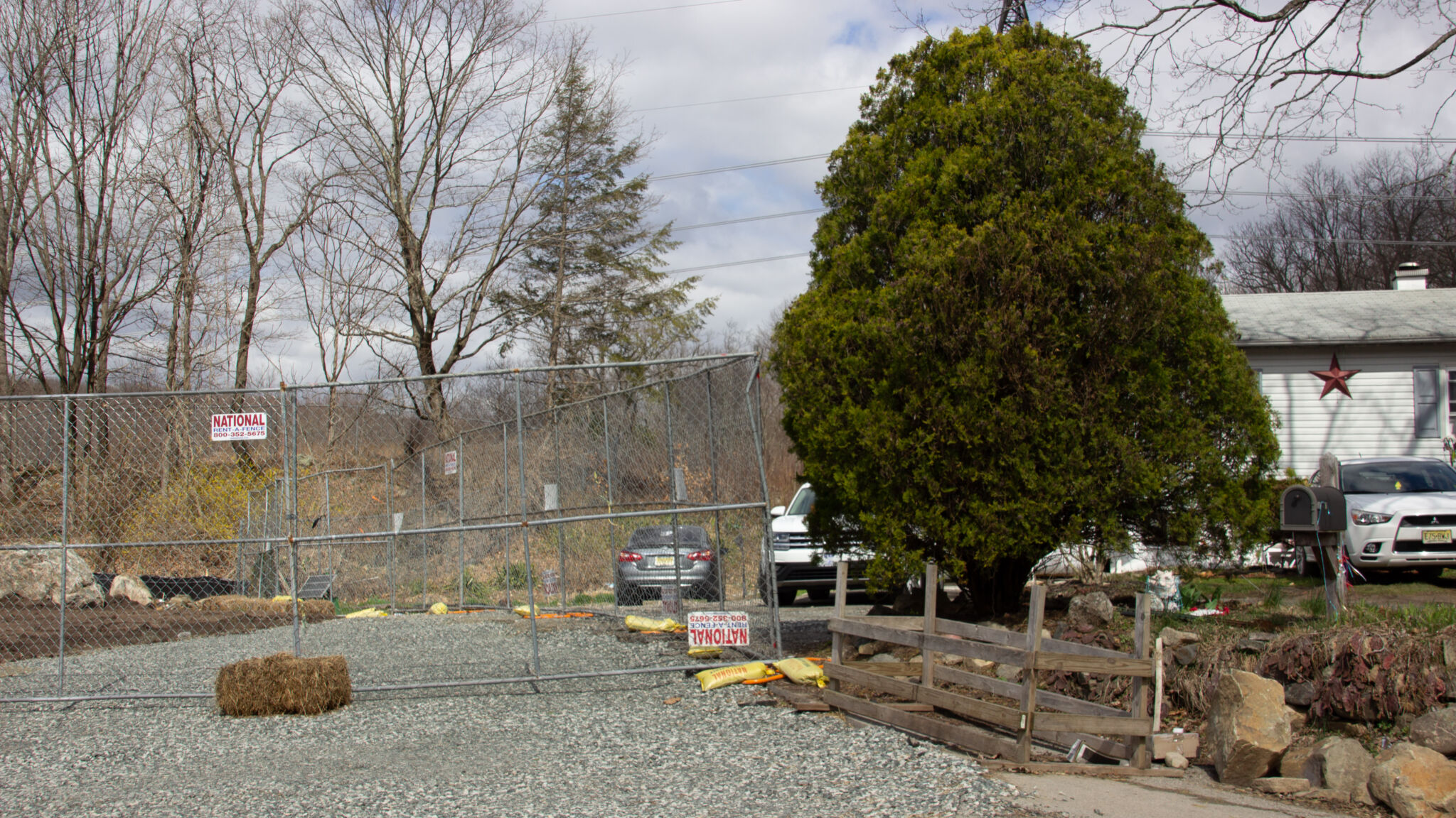 A fence containing an empty lot with a large green bushy tree to its right. In the very right of the image, a house rests just behind the bushy tree.