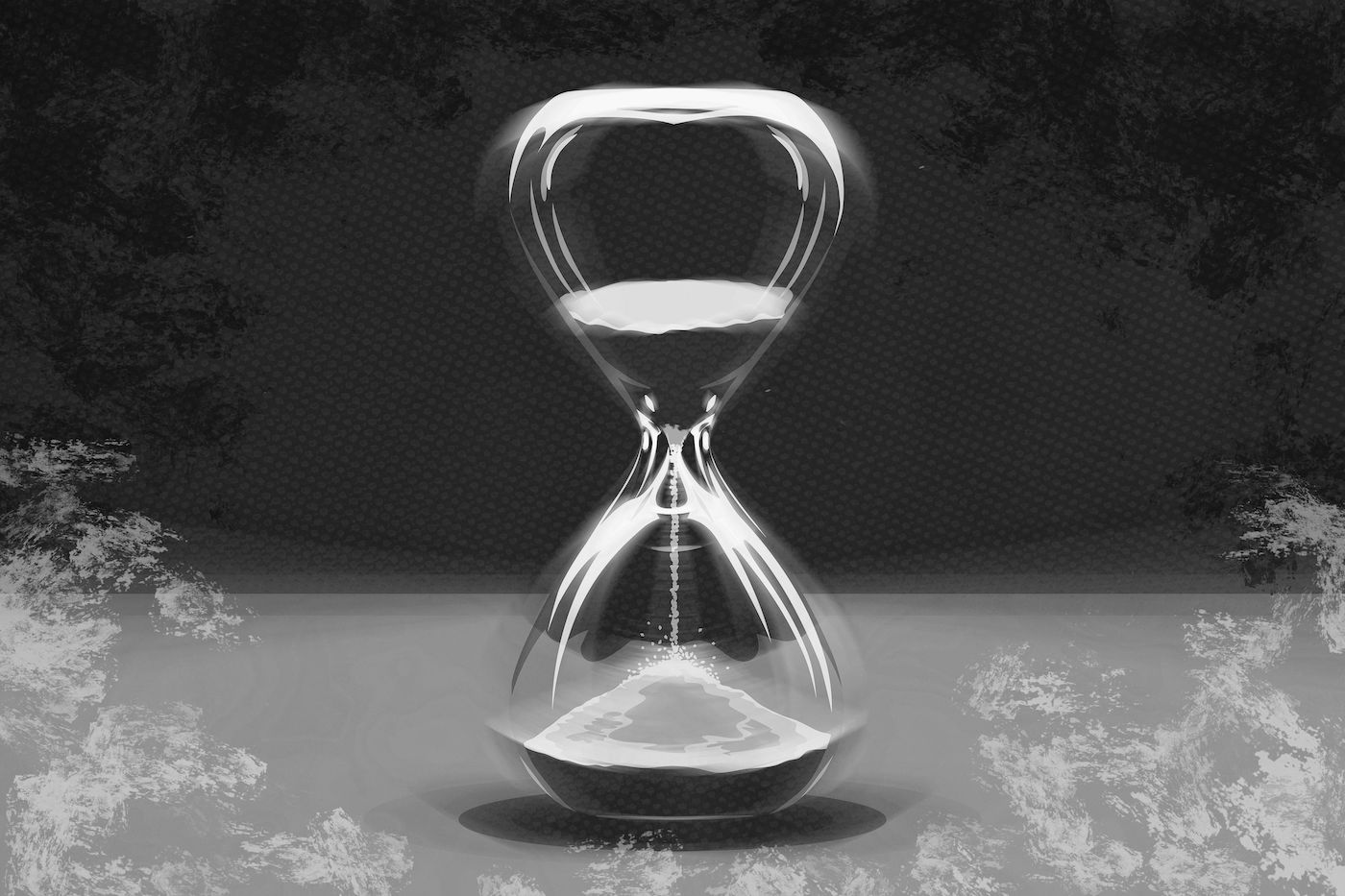 A digital illustration shows a motion - blurred hourglass in stark black and white surrounded by a hand painted border of black and white brush strokes