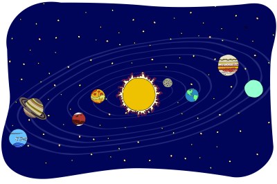 A colorful vector illustration of the Sun surrounded by the planets of the solar system.