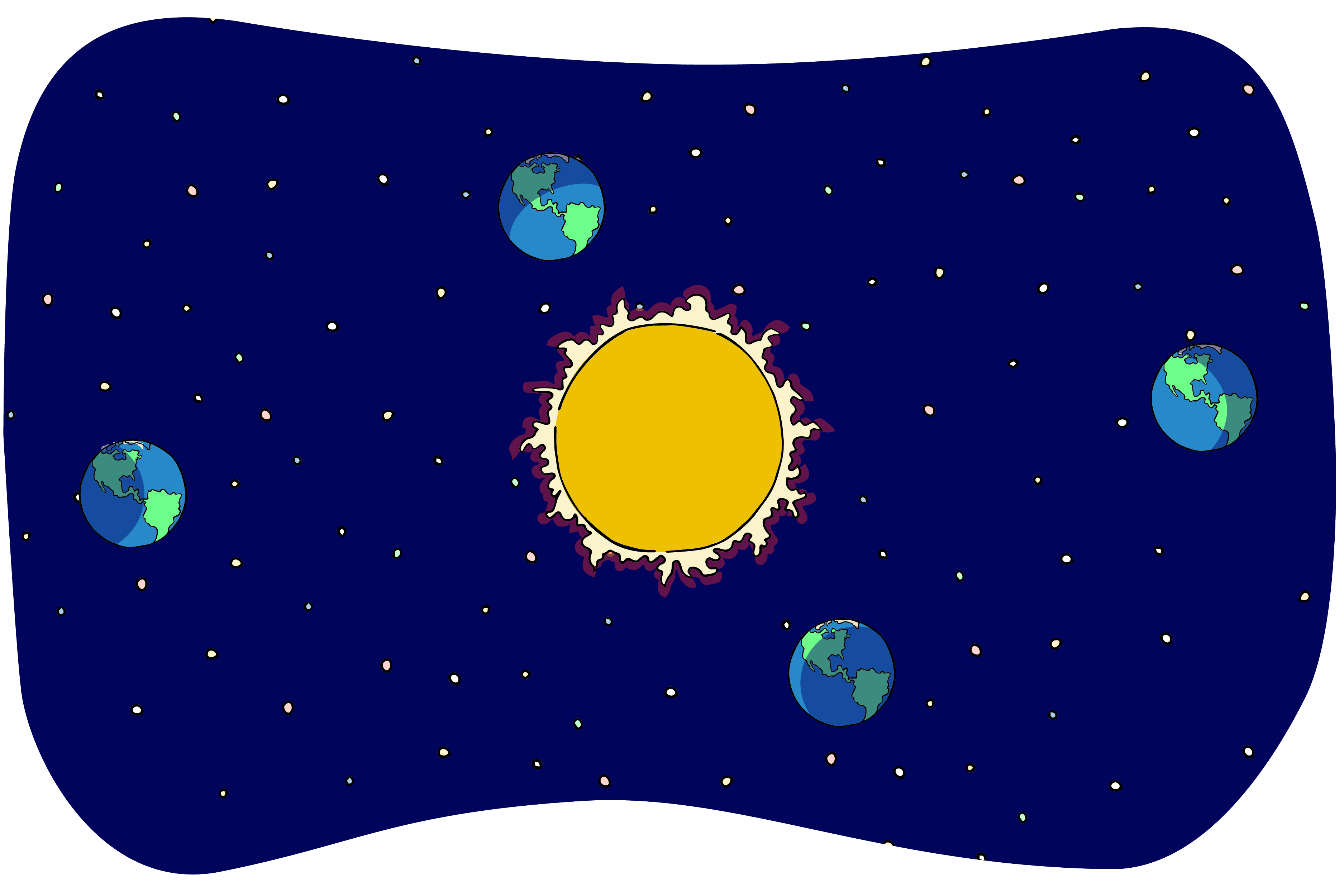 A colorful vector illustration of the Sun with a depiction of the Earth orbiting around it.
