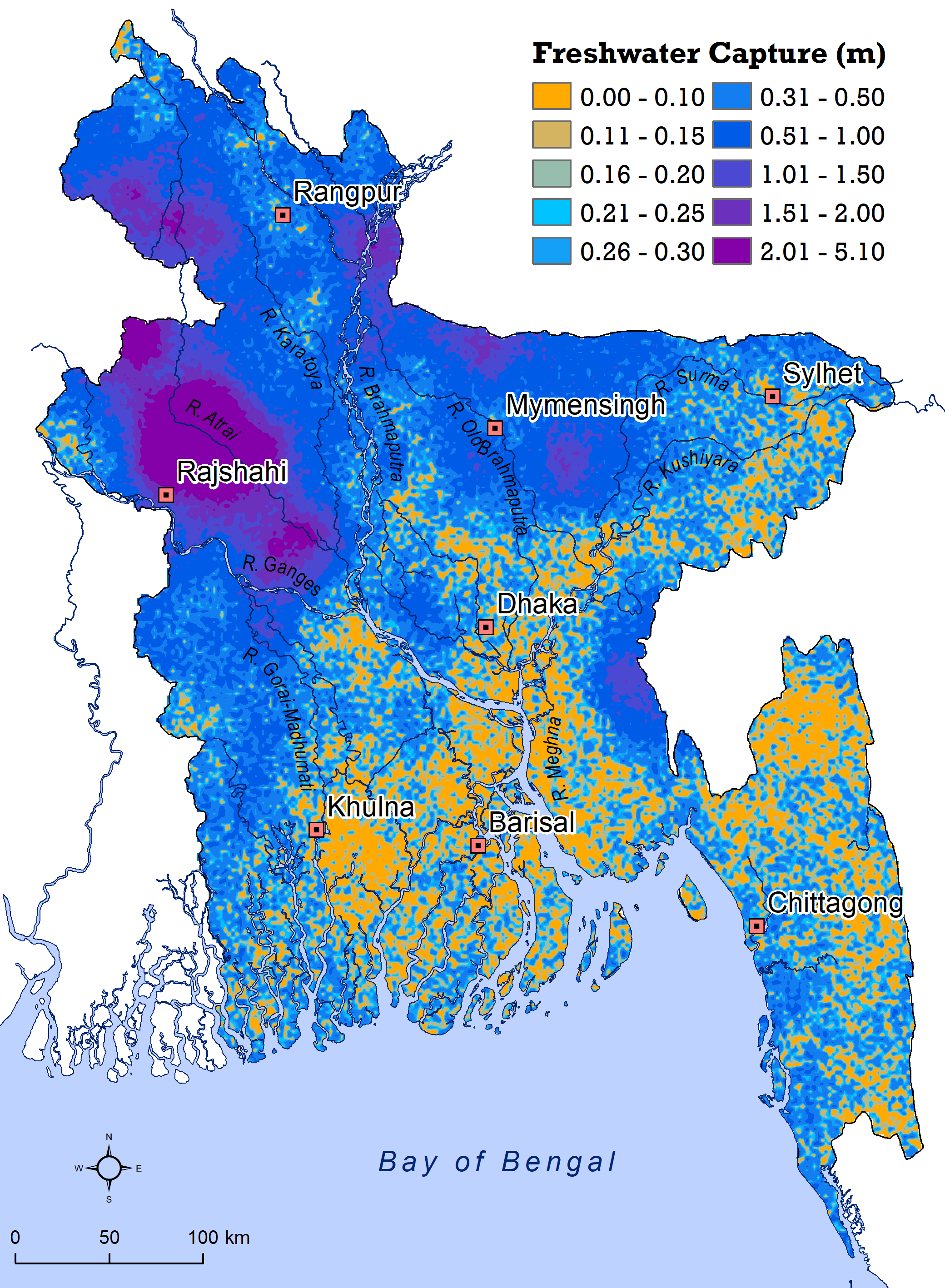 a map of bangladesh, using lighter and darker colors to indicate amount of freshwater capture in the region. the city of rajshahi captured the most, while barisal captured the least