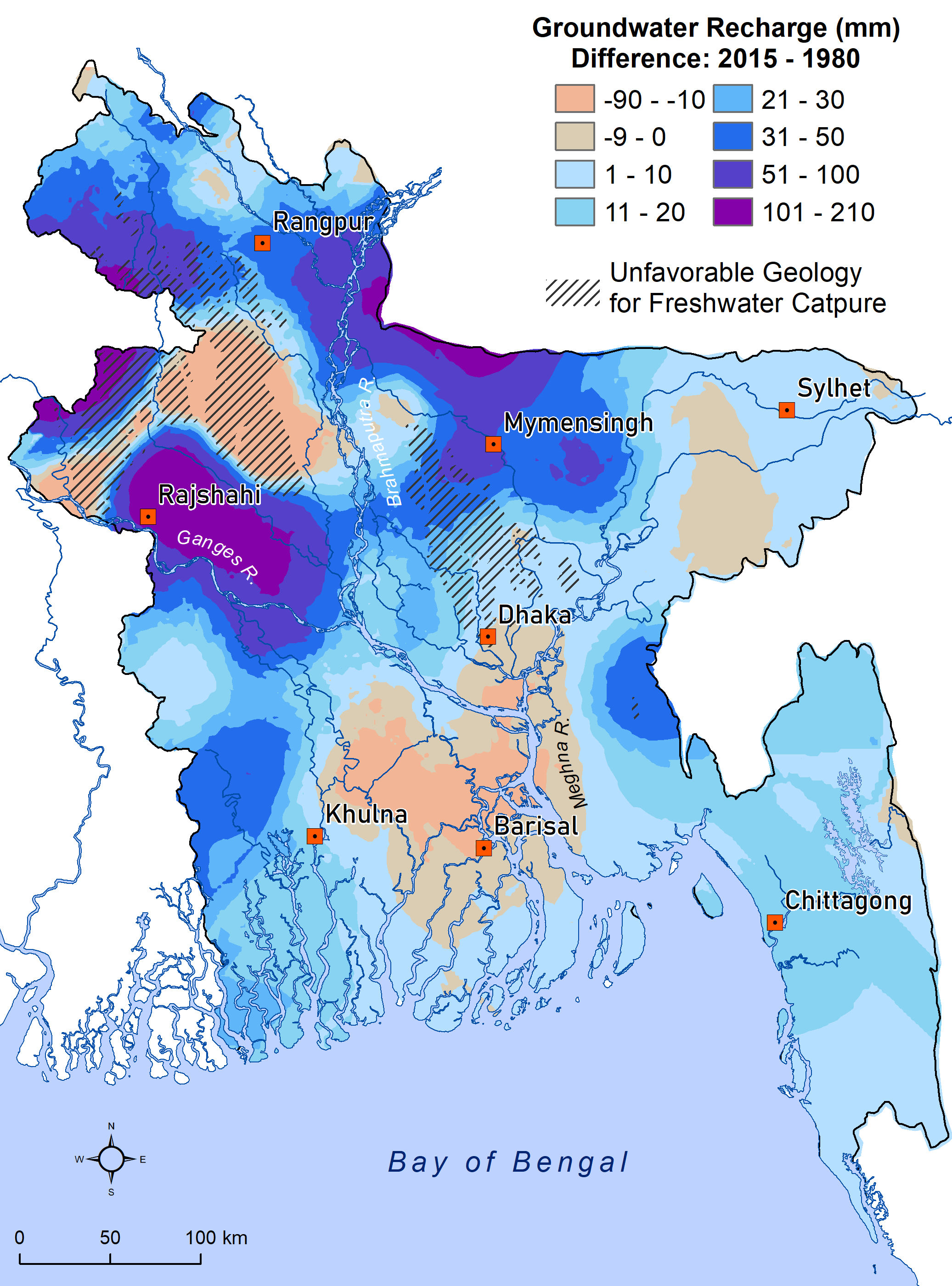 a map of bangladesh, using lighter and darker colors to indicate amount of groundwater recharge accumulation from 1980-2015. the city of rajshahi captured the most, while barisal captured the least