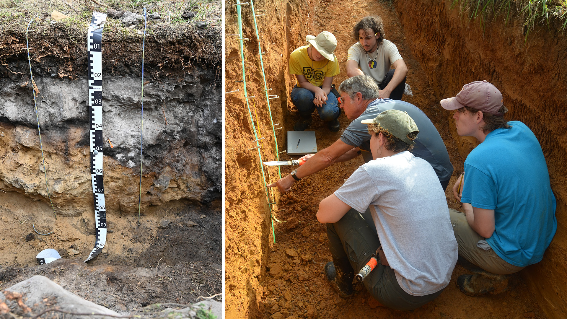 two imaged collaged together: on the left is a specialized soil measuring tape over a cross section of soil; on the right, five people kneel in a soil trench and examine a wall of soil together