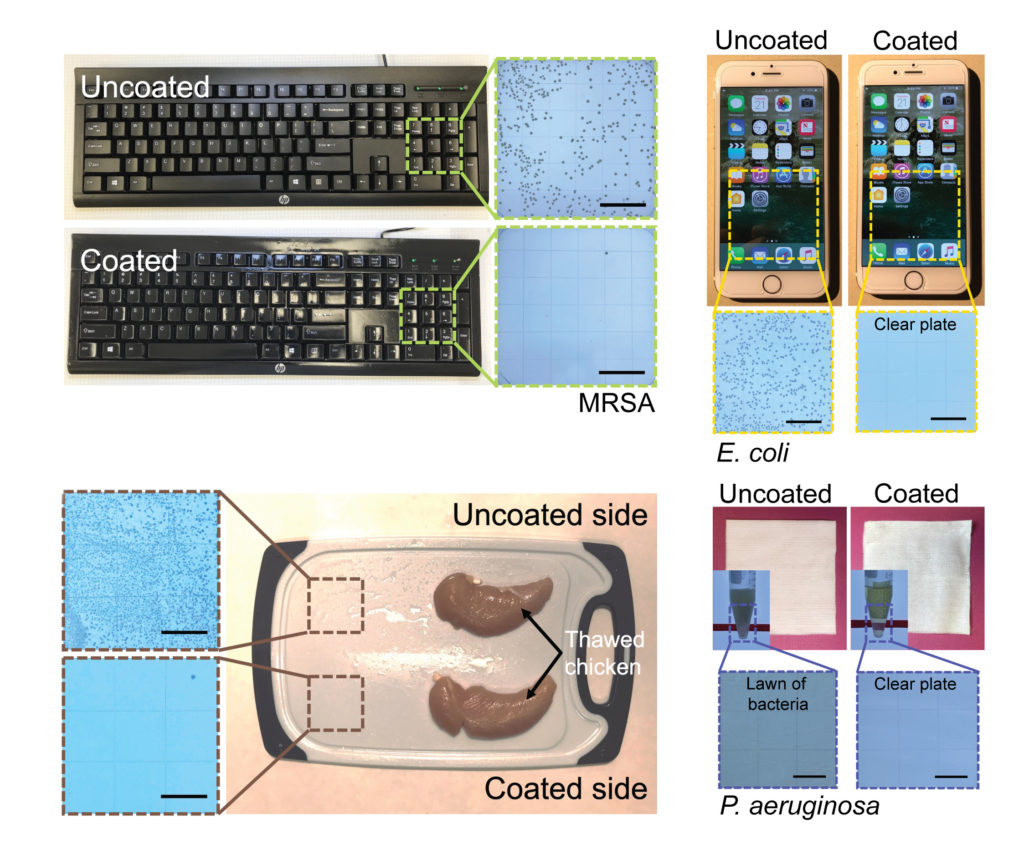a collage of four sets of combined images, each displaying the effectiveness of the coating solution. in the top-left, two images of computer keyboards, labeled “uncoated” and “coated”. a green square that “enlarges” a section of the image shows dots representing mrsa. the coated zoomed in image shows one dot. in the top-right, two images of an iphone, also with “uncoated/coated” labels. same situation, except for e. coli, in the zoomed in images. in the bottom-left, a cutting board has two pieces of raw chicken. the top half of the cutting board is uncoated, the bottom half is coated, with the same before/after of the zoomed in image. in the bottom-right same situation, except with a piece of cloth