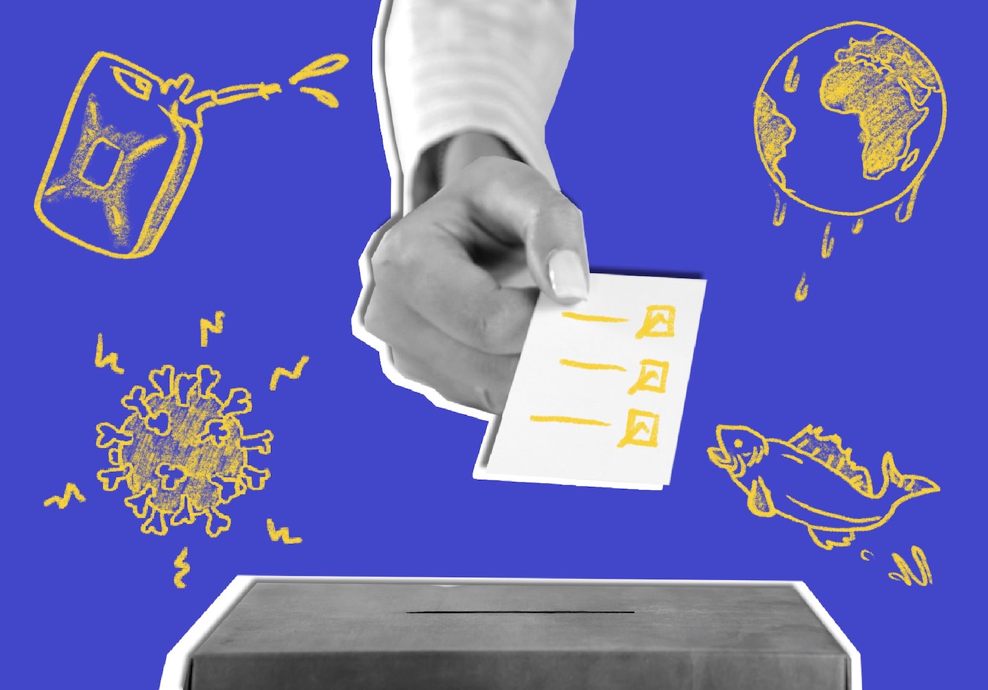 A hand reaching forward to place a ballot in a ballot box. Drawings of the earth, coronavirus, a fish, and an oil container with spout surround the hand.