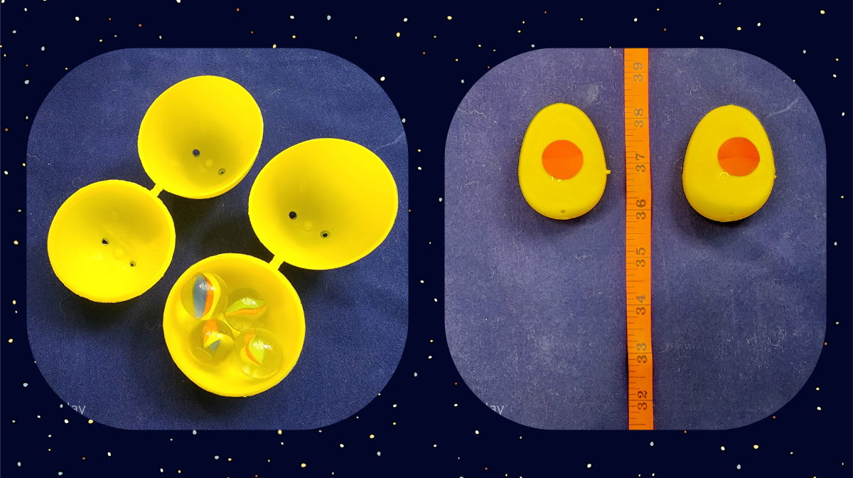 On left: A picture of two plastic eggs, one with four marbles in it and one without any marbles. On right: A picture of two plastic eggs placed side by side next to a tape measure showing 36 inches.