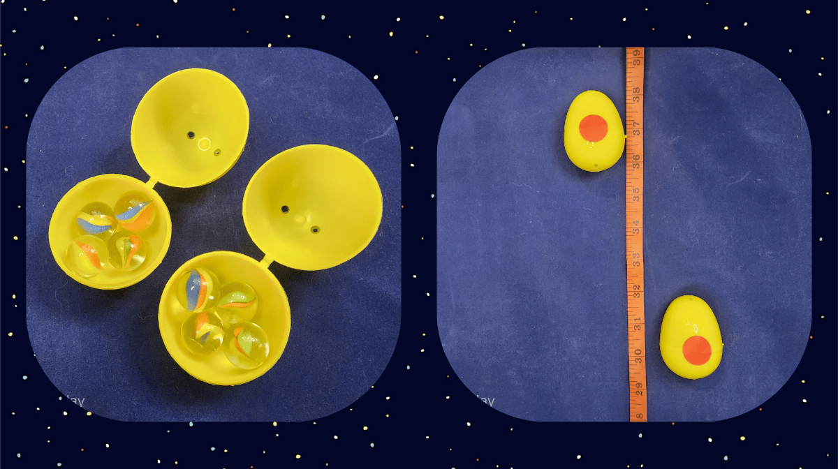 On left: A picture of two plastic eggs each with four glass marbles in them. On right: A picture of two plastic eggs placed next to a tape measure, one at 36 inches, the other at 30 inches.