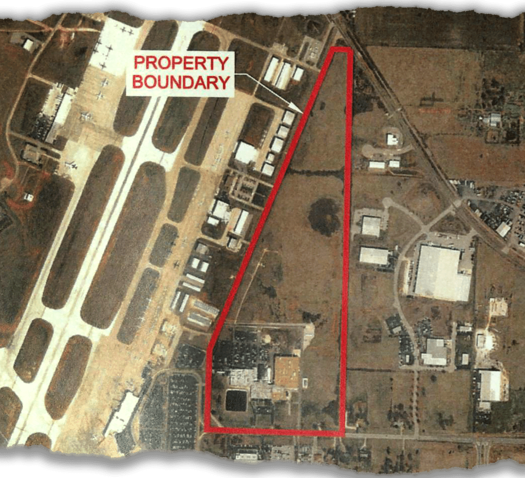 An aerial view of an airport site.