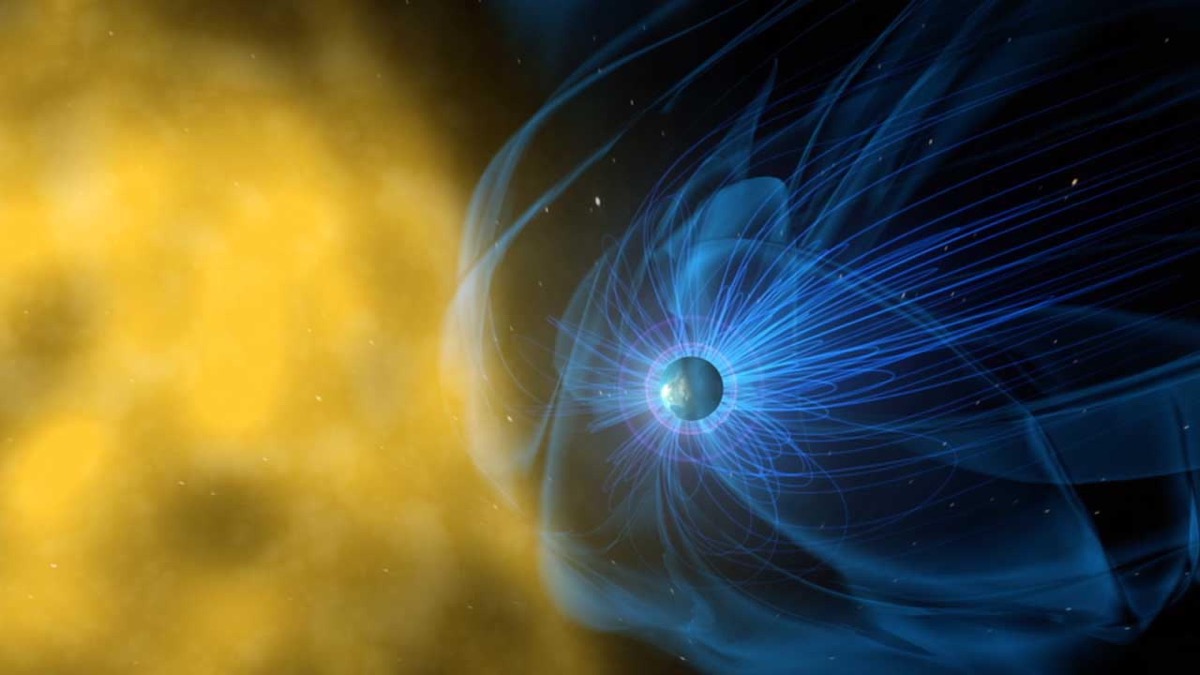 An illustration showing a yellow field from the Sun and the Earth surrounded by curved blue lines of a magnetic field.