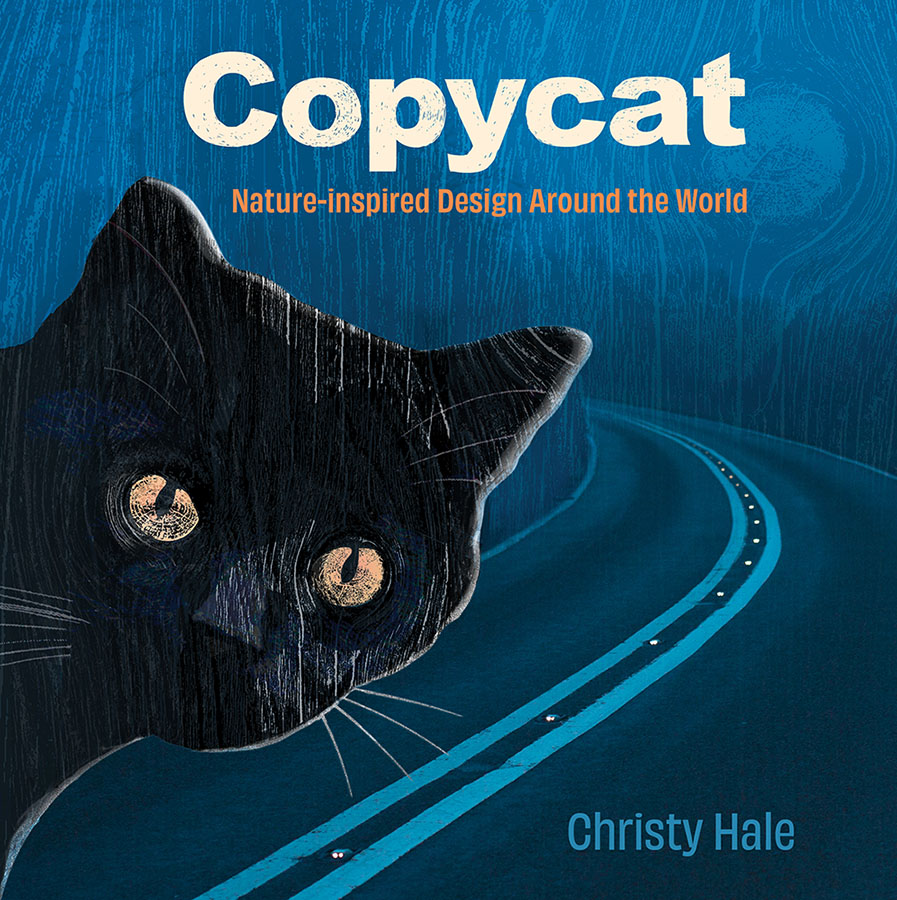 illustrated cover featuring a winding road in the background and a black cat looking at the reader in the foreground, and the text 'copycat: nature-inspired design around the world by Christy Hale'