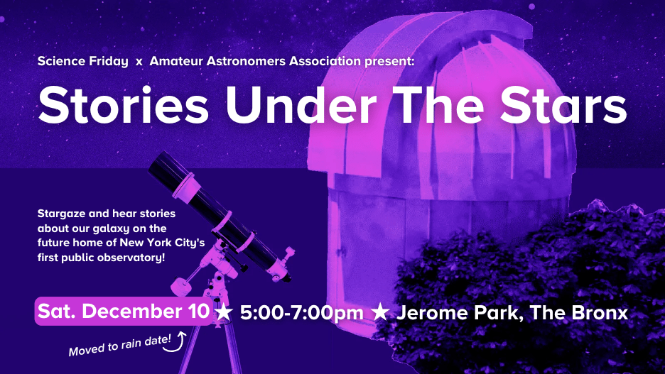 Event promotional image which reads: Science Friday x Amateur Astronomers Association present: Stories Under The Stars. Stargaze and hear stories about our galaxy on the future home of NYC's first public observatory! Sat. December 10, 5:00-7:00pm, Jerome Park, The Bronx. The background is a purple and pink tinted image of a telescope in the foreground, with a small observatory in the middle ground, and starry sky in the background.