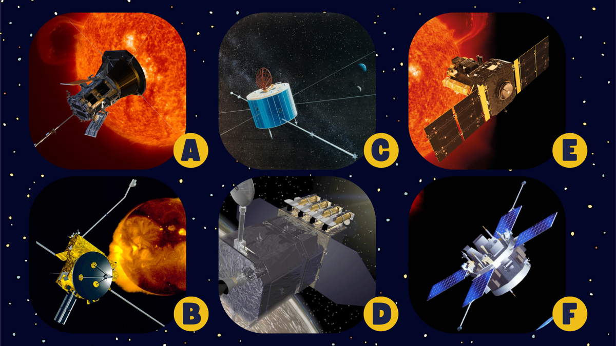 A collage showing small illustrations of six current NASA probes observing the Sun.