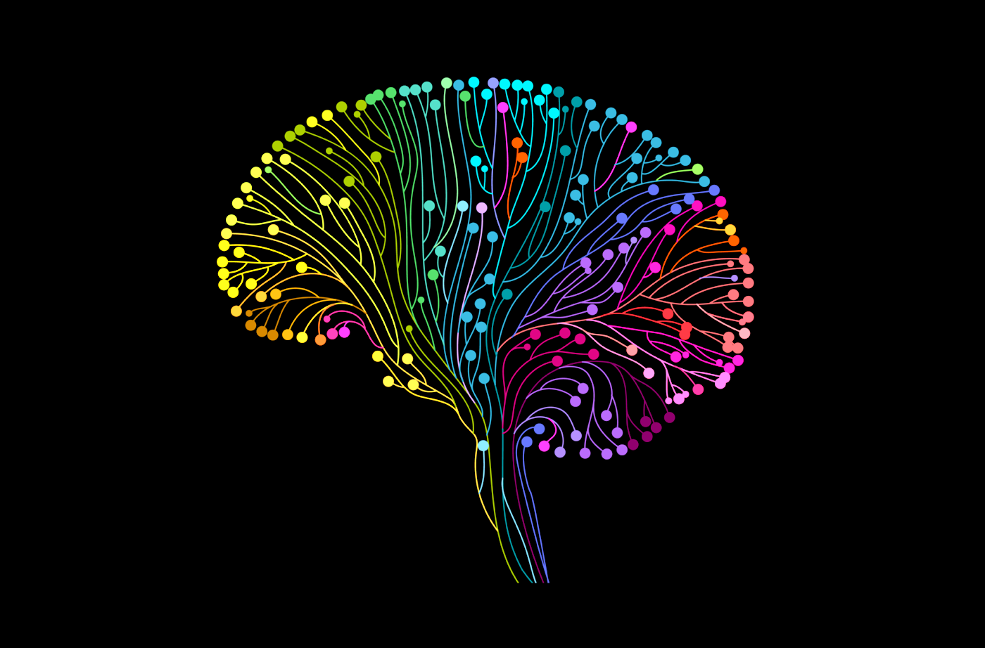 an illustration of a brain made up of different multicolored lines flowing up from the brainstem, each ending in a dot