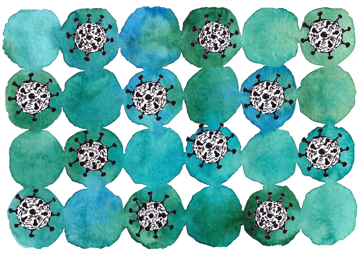 a simple watercolor painting featuring a 6x4 grid made up of turquoise circles. inside every other circle is a covid virus particle