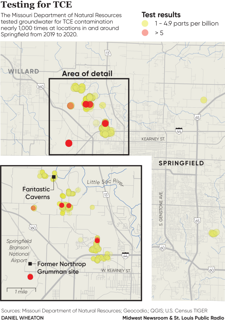 Graphic depicting where TCE was found in the Springfield area.