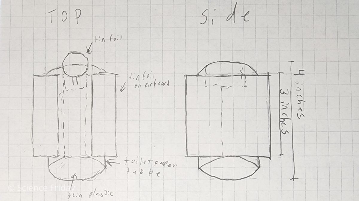 A pencil sketch on graph paper showing the top and side views of a space probe prototype.