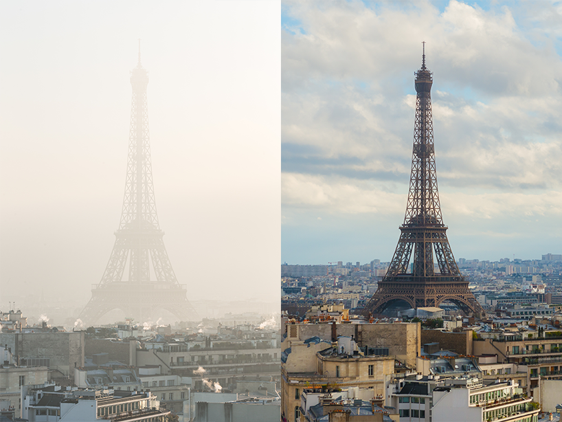 Two images of the Eiffel Tower in Paris, France from similar vantage points. The image on the left has a gray haze of air pollution almost fully blocking the view of the tower, the one on the right has bright puffy clouds on a blue sky day.