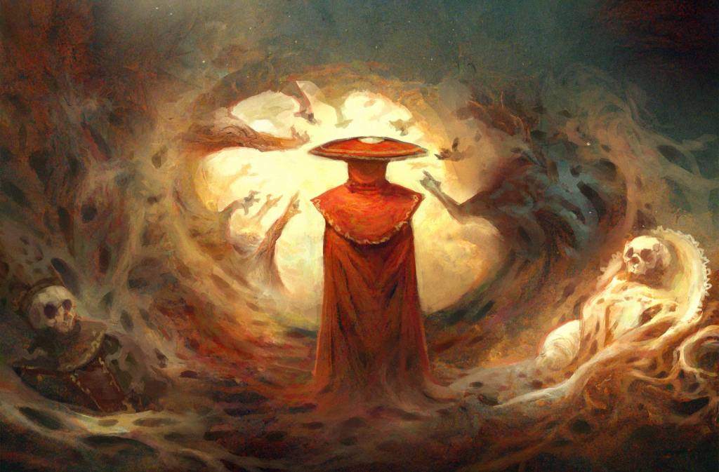 an illustration that has the look of an oil painting. a lone figure, with its back to the viewer, wears a red cloak and a wide cleric-style hat, also in red. surrounding it is a swirling vortex of a cloudy, porous substance. emerging from the swirling cloud are disembodied outstretched arms, reaching towards the figure. to the left and right of the figure are two skeletons, both wearing different kinds of regal formal wear.