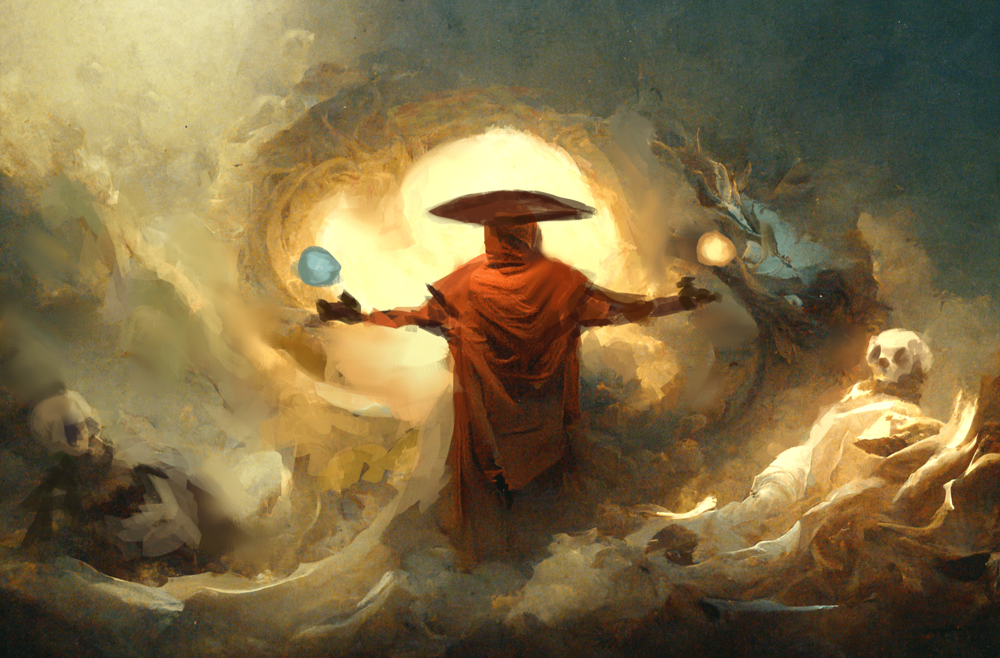 an oil painted illustration of a lone figure, with its back to the viewer, wearing a red cloak and a wide cleric-style hat, also in red. surrounding it is a swirling cloudy vortex. the figure has its arms outstretched and hovering above each hand is a swirling orb, one blue, one yellow. To the left and right of the figure are two decaying skeletons