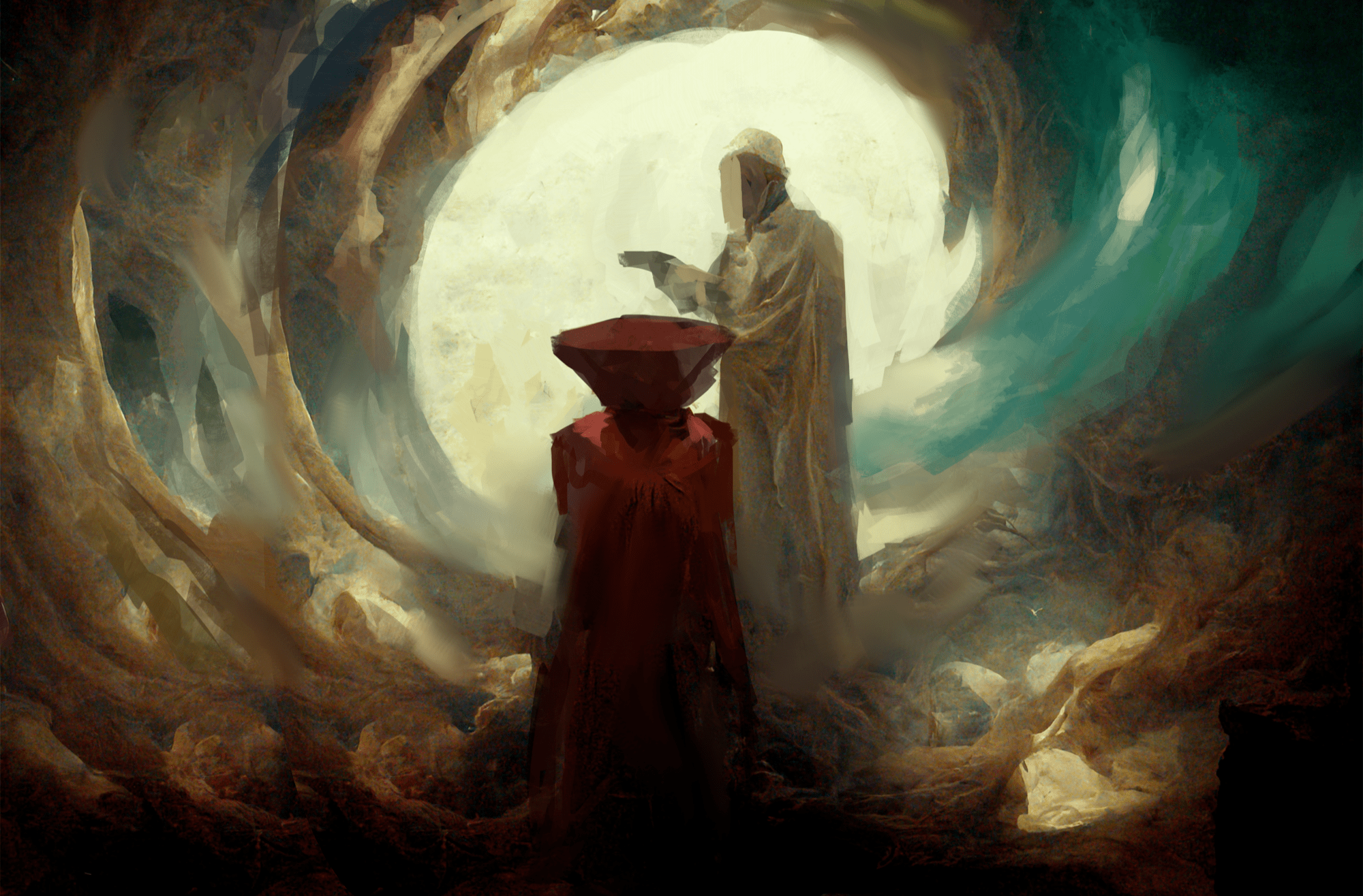 An oil painting of dark swirling clouds. At the center are two figures: one wearing a long dark cloak with a clerical hat with its back to the viewer. standing in front of the figure is a tall priestly looking figure wearing a white robe with its faced obscured, that towers over the central figure
