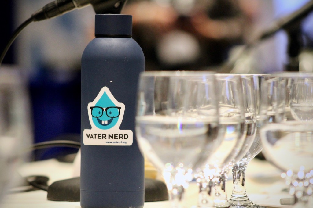 A sticker on a water bottle that says "I'm a water nerd"