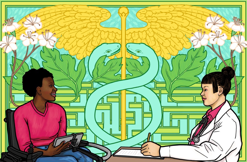 A doctor and a patient have a consultation. Behind them, is the symbol of caduceus, and a maze. The maze's paths morph into the stems of hawthorne flowers. 