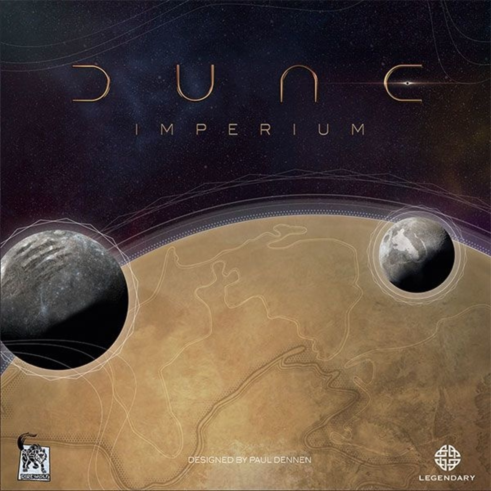 cover art of the board game 'dune imperium' which features a large desert planet at the center with two moons in orbit in front of it