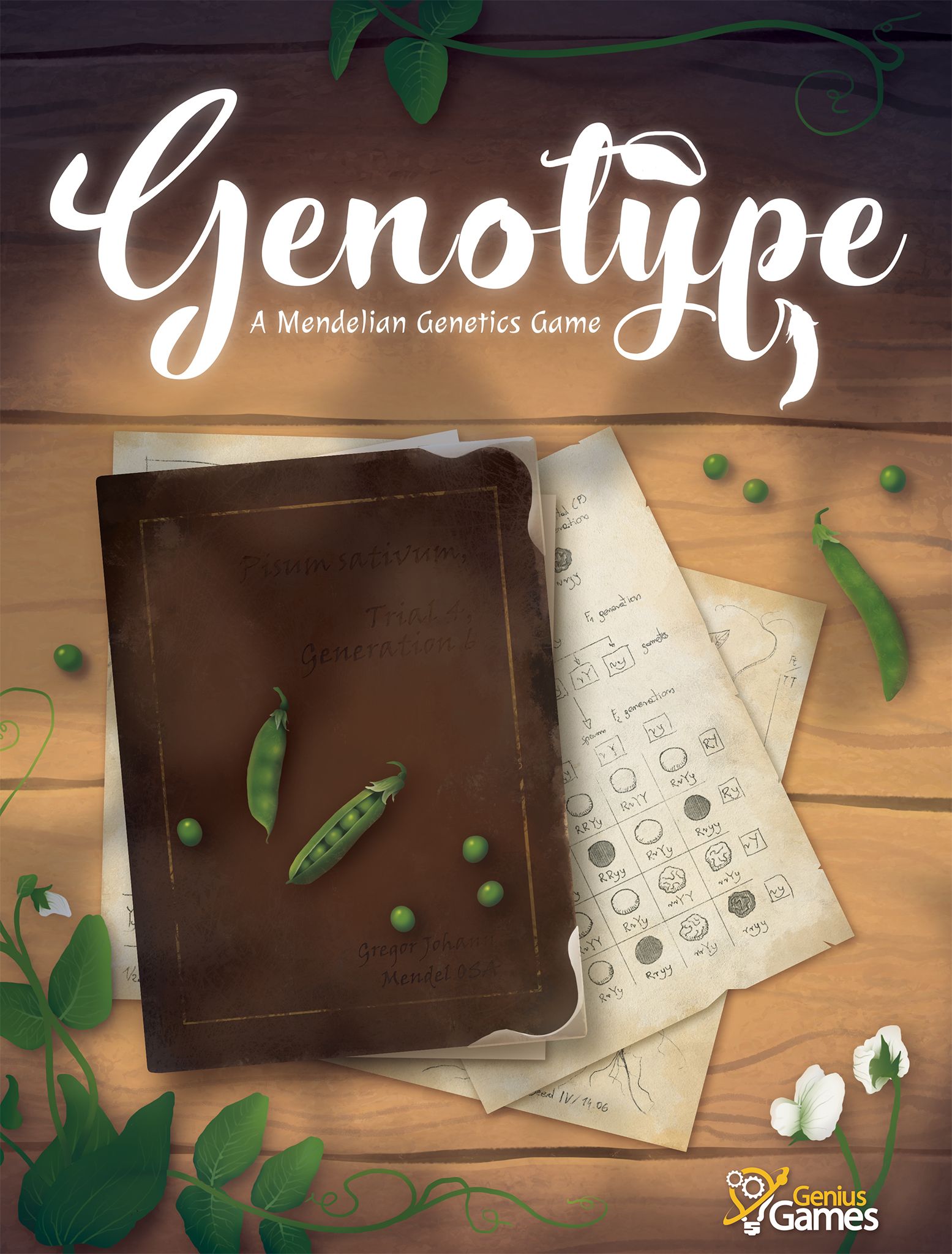cover art for the board game 'genotype' which features an illustration of an old timey notebook some papers, and peas and peapods scattered around them