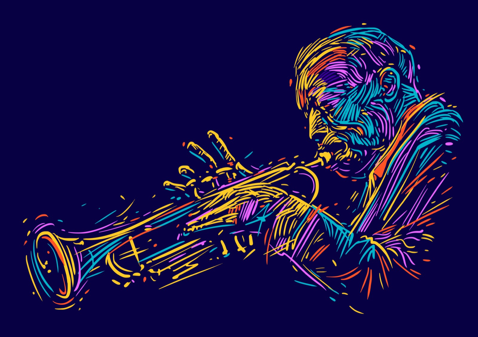 an abstract multi-colored illustration of a man playing a trumpet. they are comprised of dozens of different colored, swirly lines