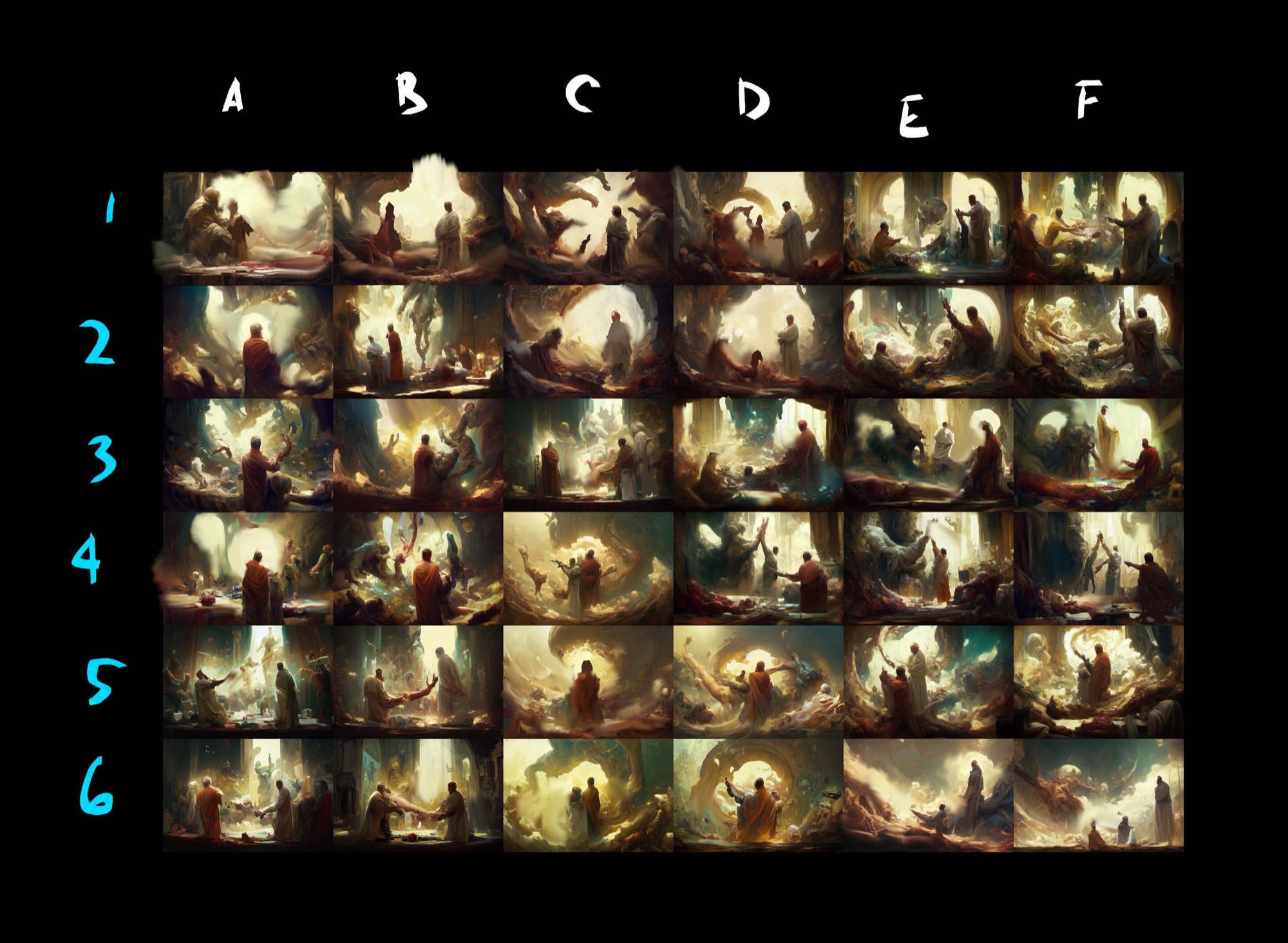 36 images arranged on six-by-six grid. all of them are slightly different but most have an oil painting style, accompanied by ominous swirling clouds, towering figures, and disembodied outstretched arms. above the first horizontal row are handwritten letters, A-F). To the left of the first vertical column are the numbers 1-6