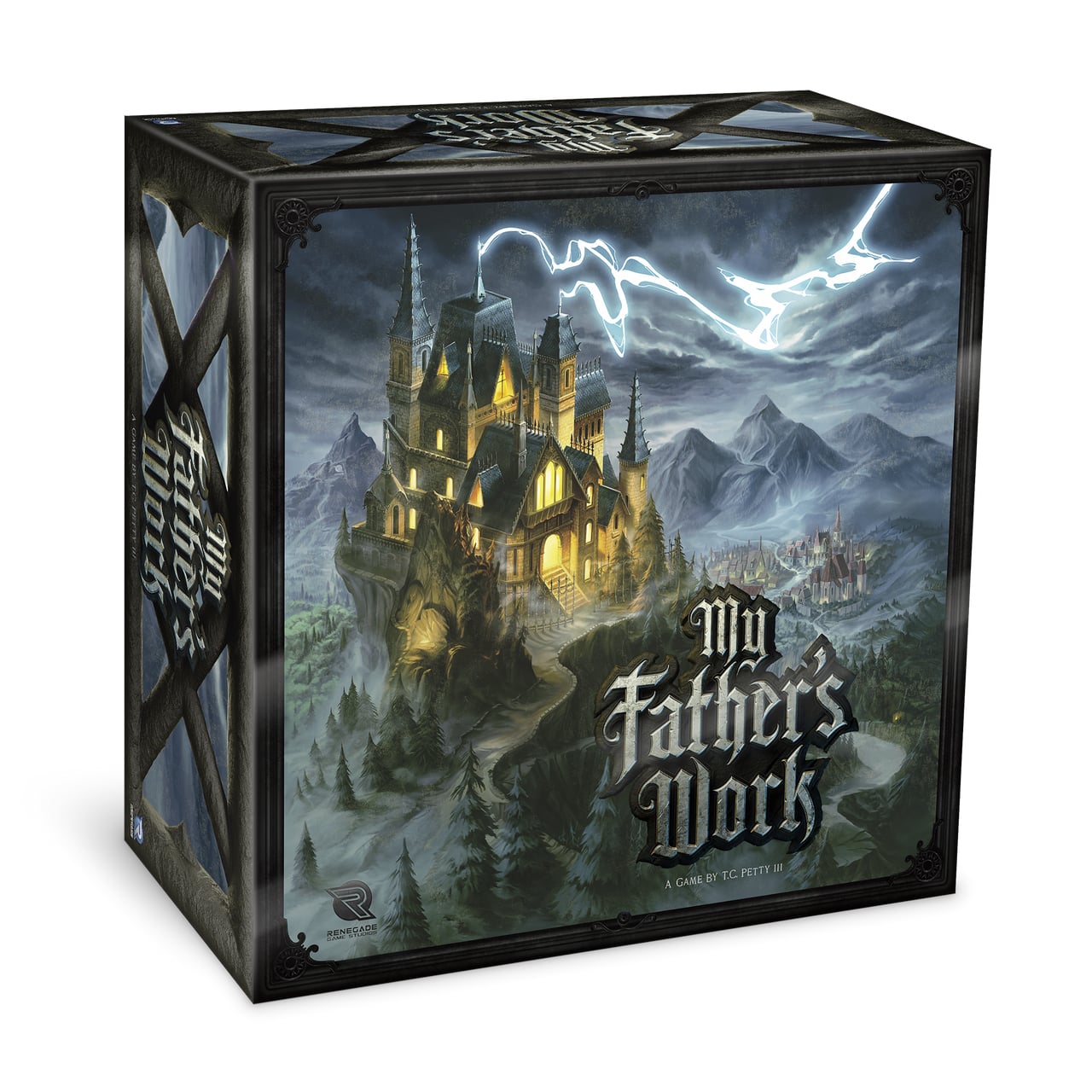 a large box for the board game 'my father's work,' which features an illustration of a forboding castle with many spires in a cold, dark, mountainous landscape, with a lightning storm raging above
