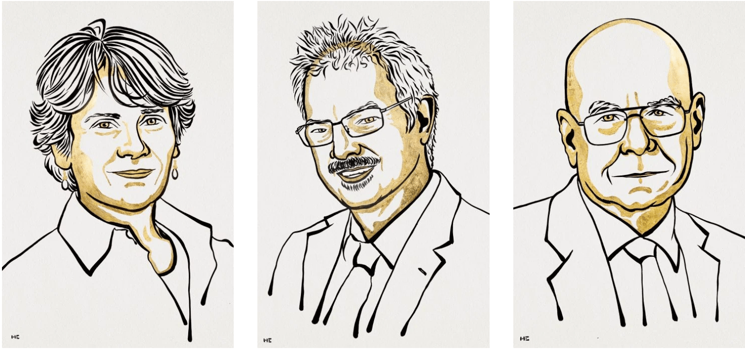 three illustrations of three people, all are middle aged. on the left is a woman with short hair, in the middle an older man with glasses, and on the right an older bald man with glasses